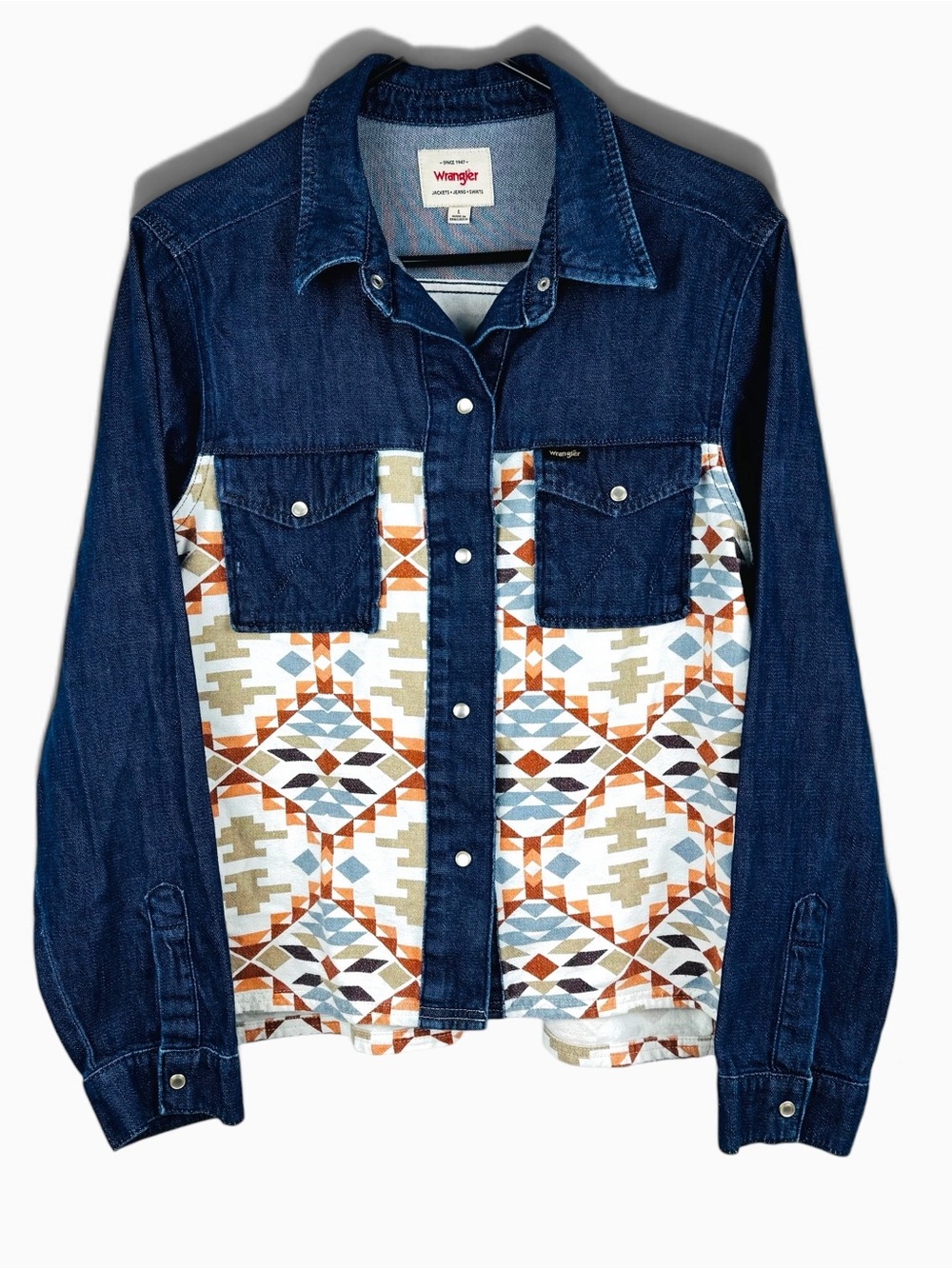 Wrangler Rodeo Flannel Pearl Snap Jean Jacket Aztec Size L Shacket